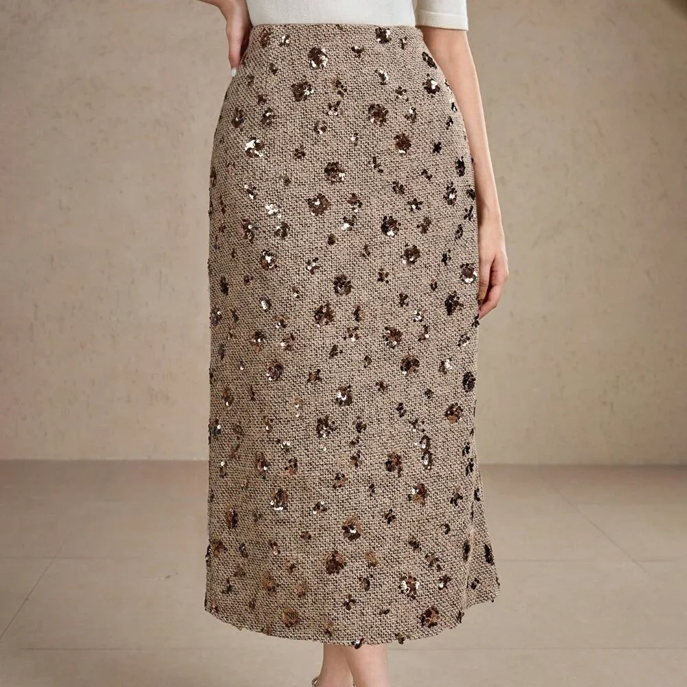 Gold Elegant Women's High Waist Floral Sequin Decor Straight Loose Skirt Skirts